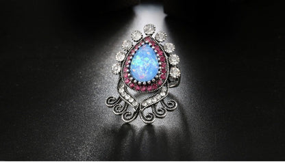 Blue Opal White Crystal Flower Ring in Sterling Silver | Floral Opal Crystal Ring | October Birthstone Gift for Her