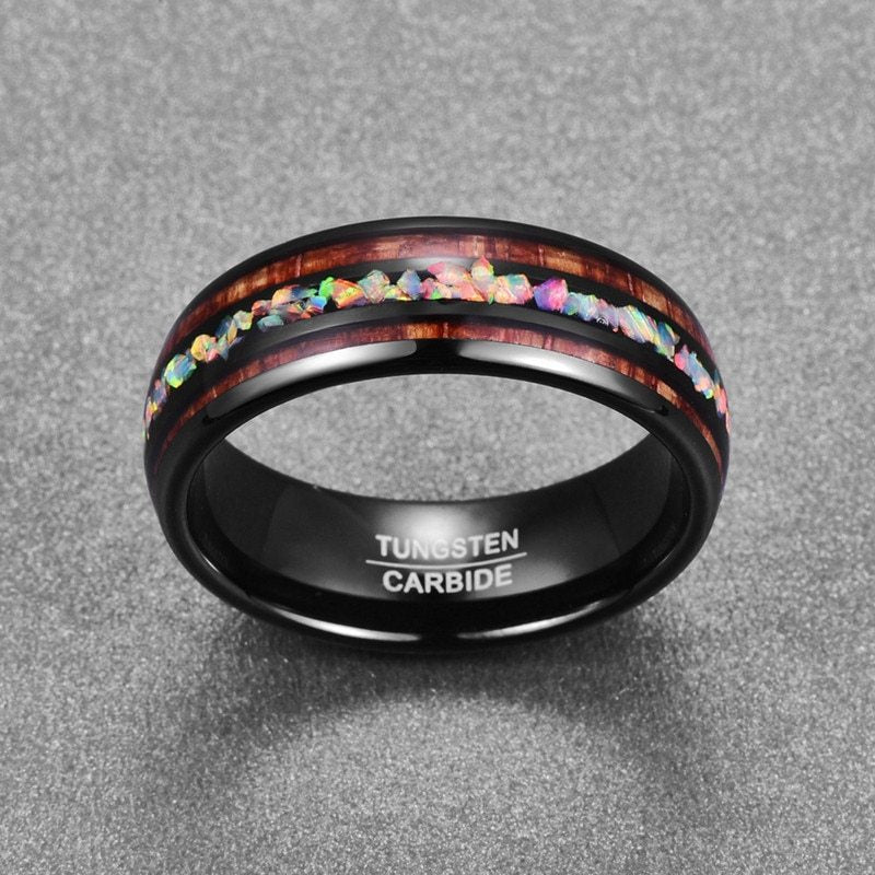 Black Acacia Wood and Opal Tungsten Ring | Natural Wood Inlay Wedding Band | Anniversary Gift for Him and Her