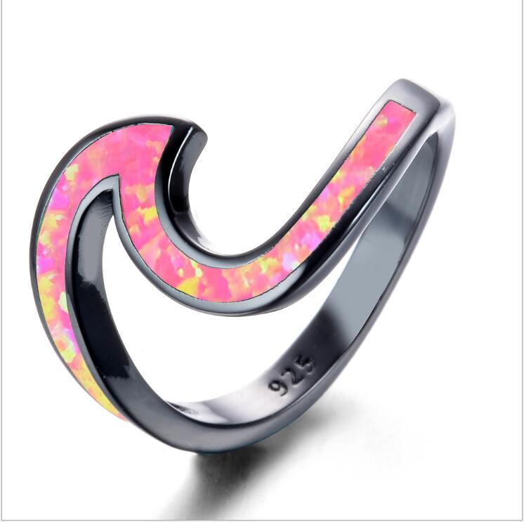 Black Gold Plated White Opal Ocean Wave Ring | Silver Opal Inlay Statement Ring | October Birthstone Gift for Her