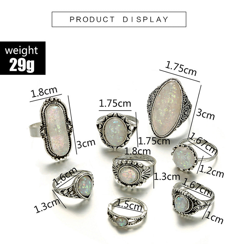 8 Piece Green Opal Boho Stacking Ring Set in Sterling Silver | Stackable Boho Opal Rings | October Birthstone Gift for Her