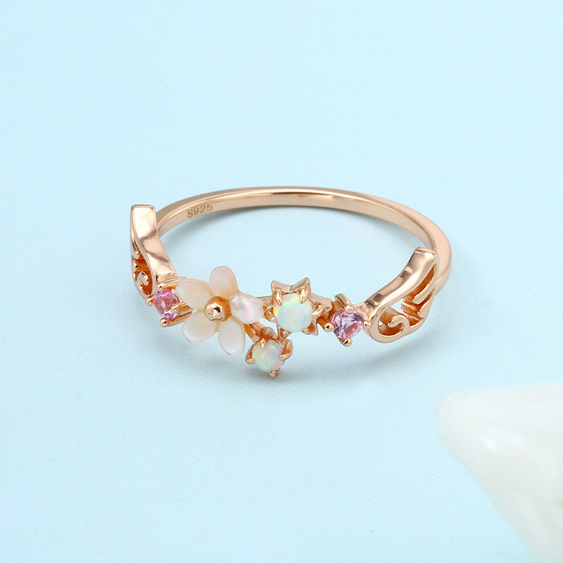 Shell Flower Opal Ring in Sterling Silver | Ocean Floral Opal Ring | October Birthstone Gift for Her