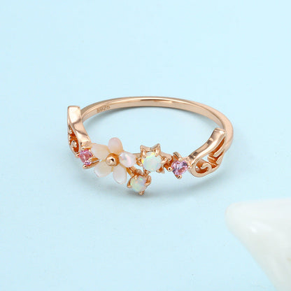 Shell Flower Opal Ring in Sterling Silver | Ocean Floral Opal Ring | October Birthstone Gift for Her