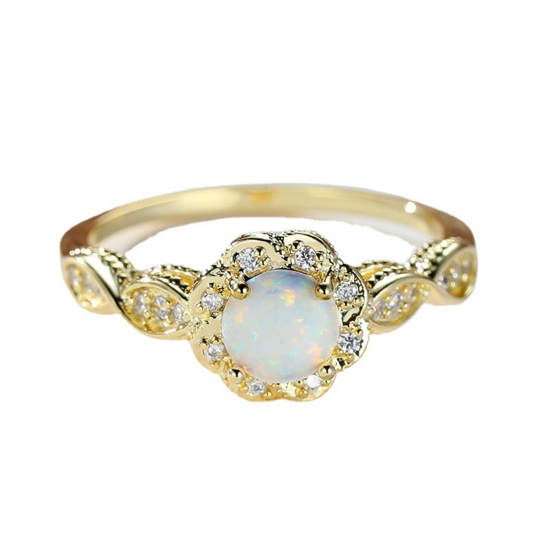 Platinum Round Opal Flower Ring in Sterling Silver | Floral Opal Platinum Ring | October Birthstone Gift for Her