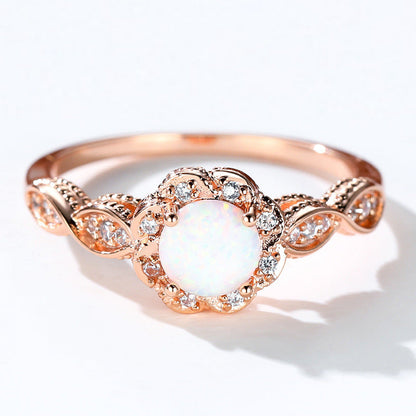 Platinum Round Opal Flower Ring in Sterling Silver | Floral Opal Platinum Ring | October Birthstone Gift for Her