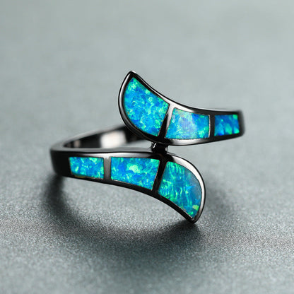Black Gold Opal Ring | Blue and White Opal Inlay Statement Ring in Silver | October Birthstone Gift for Her