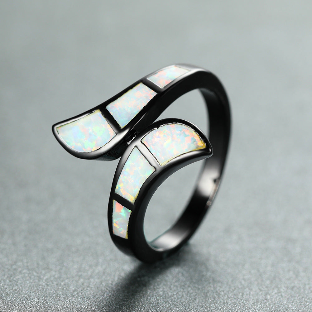 Black Gold Opal Ring | Blue and White Opal Inlay Statement Ring in Silver | October Birthstone Gift for Her