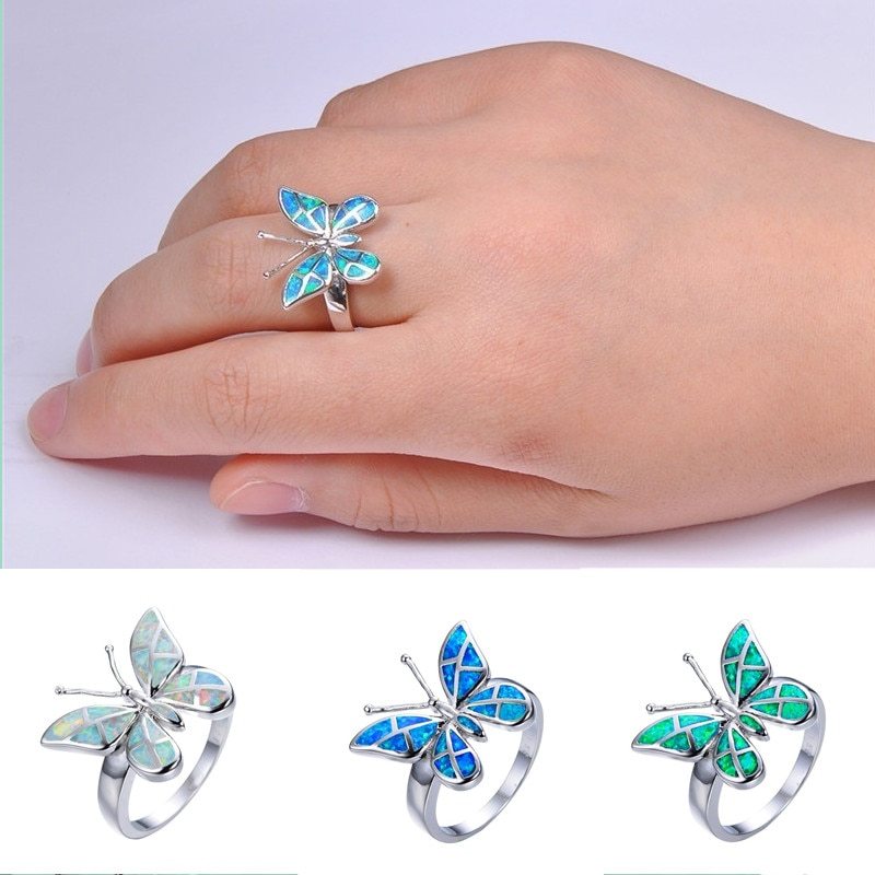 Blue Fire Opal Butterfly Ring in Sterling Silver | Nature Inspired Butterfly Opal Ring | October Birthstone Gift for Her