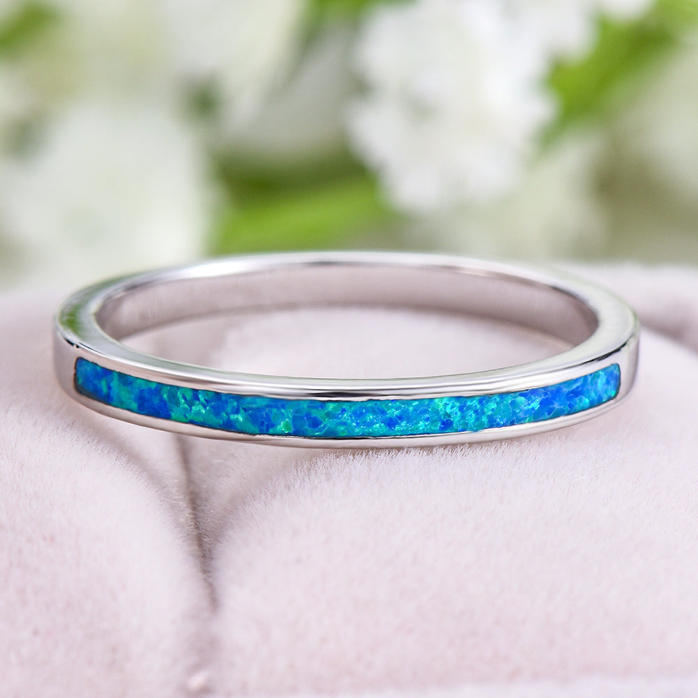 White and Blue Opal Inlay Silver Band Ring | Opal Wedding Band Gift for Her | October Birthstone Ring