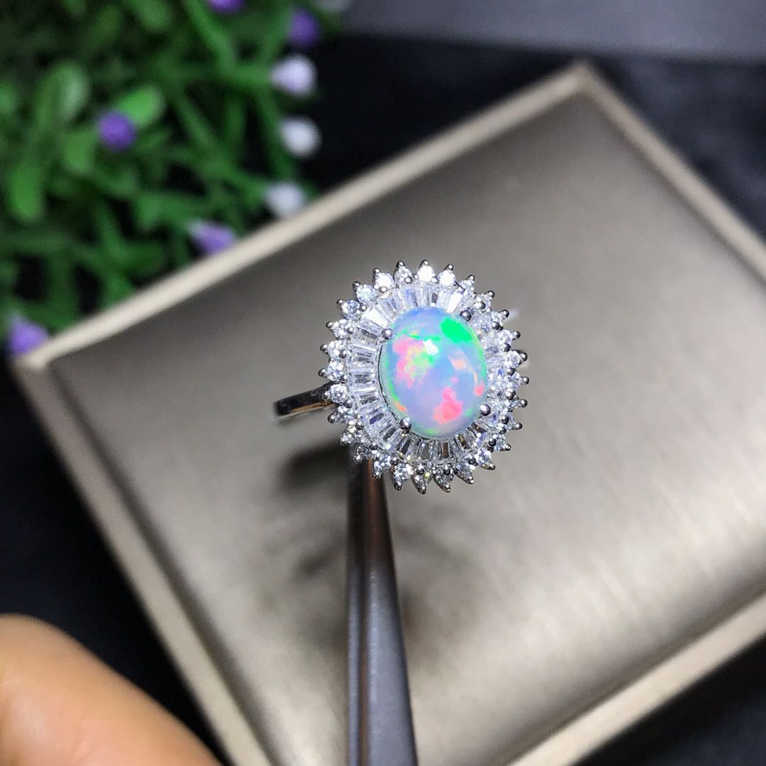 Natural Ethiopian Opal Halo Ring in Sterling Silver | Genuine Ethiopian Opal Ring | October Birthstone Gift for Her