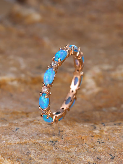 Oval Opal Eternity Ring in 925 Sterling Silver | Platinum and Champagne Gold Opal Ring | Gift for Her