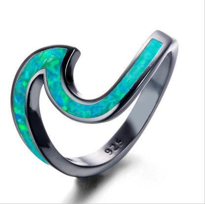 Black Gold Plated White Opal Ocean Wave Ring | Silver Opal Inlay Statement Ring | October Birthstone Gift for Her