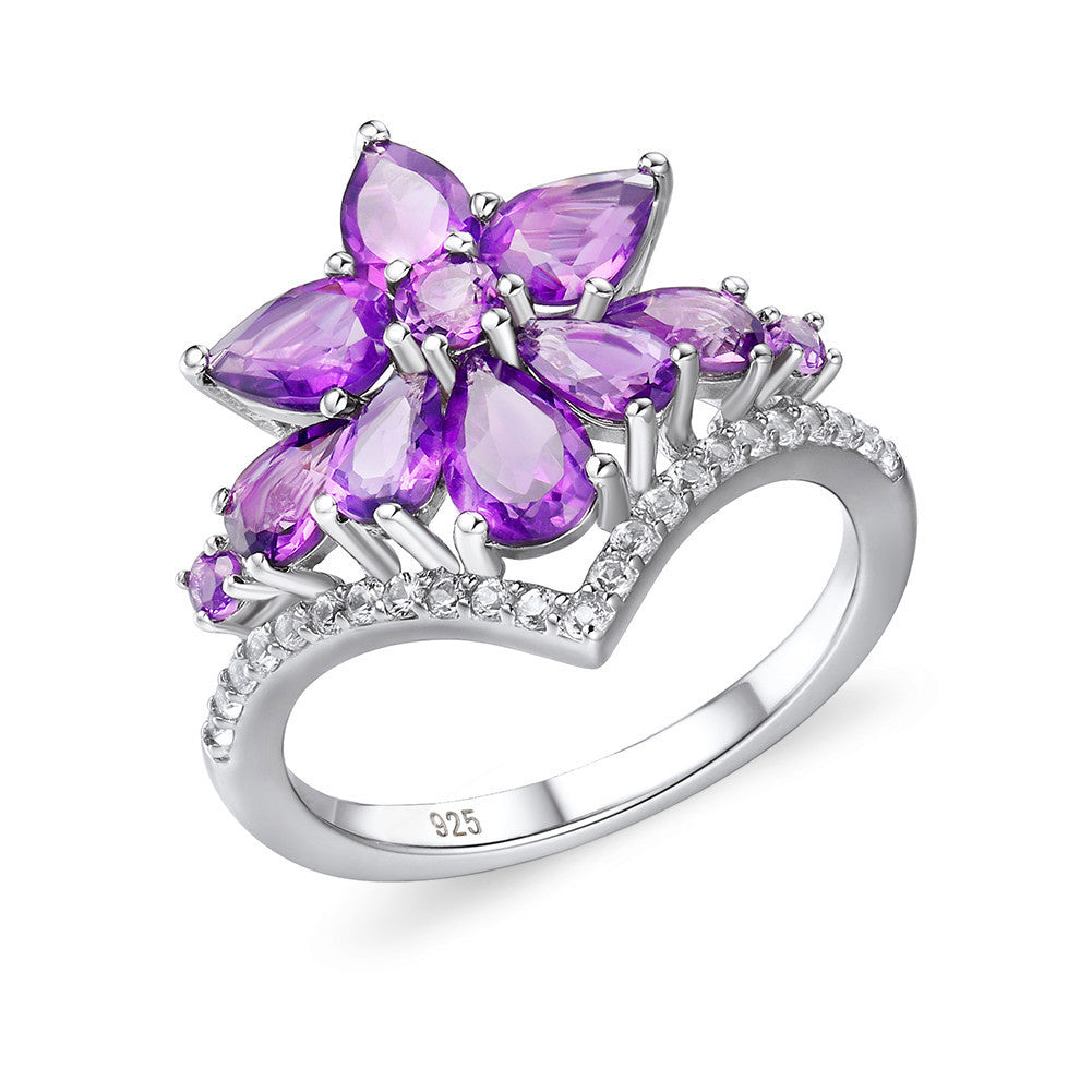 Flower Opal Ring in 925 Sterling Silver | Purple and White Gemstone Floral Ring | October Birthstone Gift for Her
