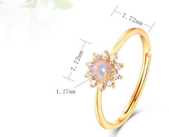 White Opal Sunflower Ring in 9K Gold | Floral Opal Gold Ring | October Birthstone Luxury Gift for Her