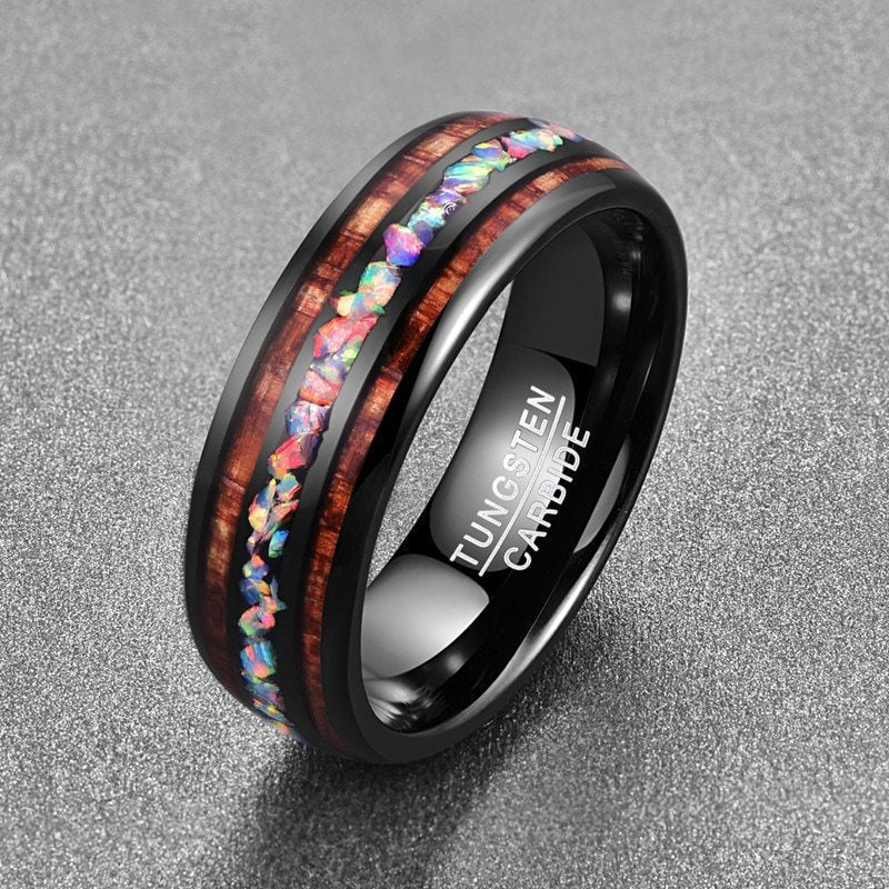 Black Acacia Wood and Opal Tungsten Ring | Natural Wood Inlay Wedding Band | Anniversary Gift for Him and Her