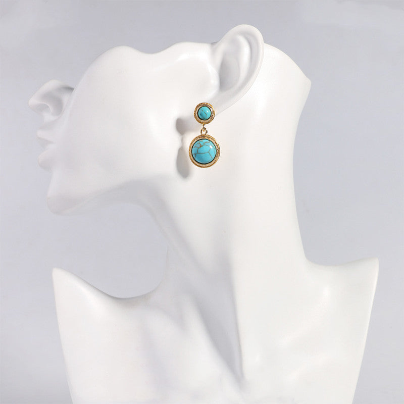 Tiger Eye & Turquoise Drop Earrings S925 Sterling Silver Post, Blue Round Dangle Earrings, Boho Statement Jewelry Gift for Her