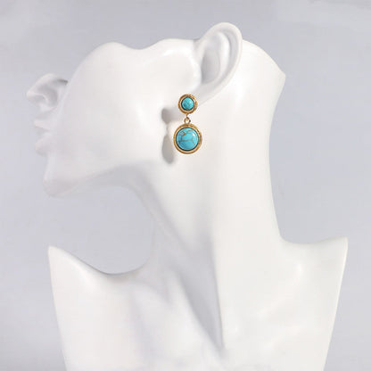 Tiger Eye & Turquoise Drop Earrings S925 Sterling Silver Post, Blue Round Dangle Earrings, Boho Statement Jewelry Gift for Her