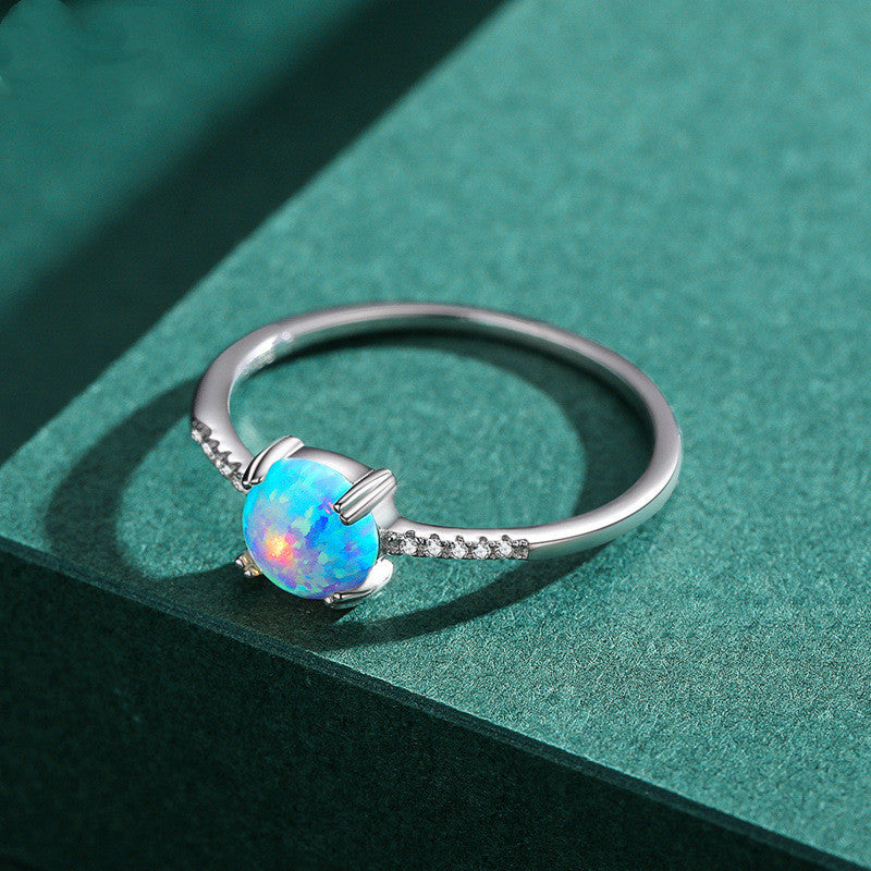 Natural Blue Opal Ring in S925 Sterling Silver | Genuine Opal Gemstone Ring | October Birthstone Gift for Her
