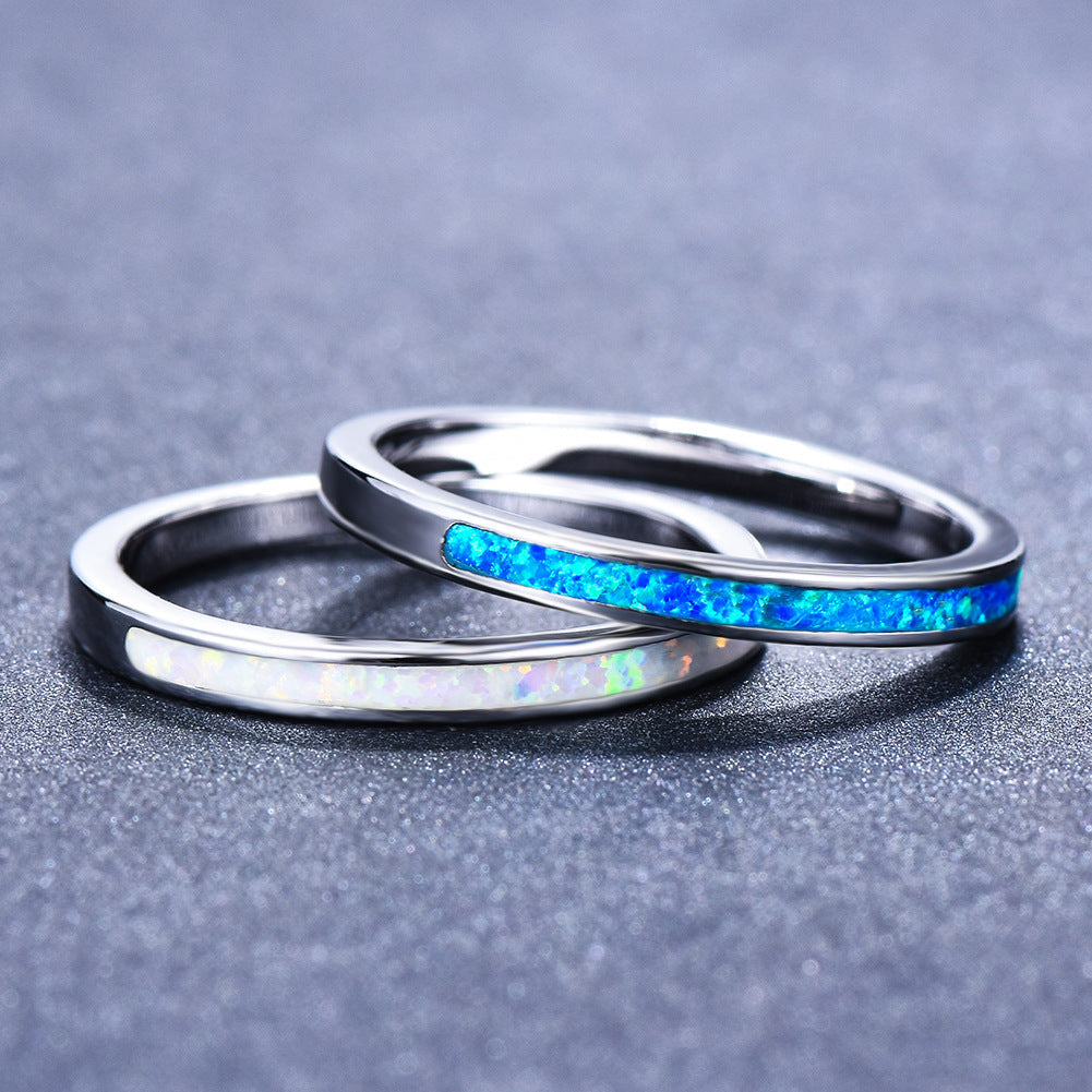 White and Blue Opal Inlay Silver Band Ring | Opal Wedding Band Gift for Her | October Birthstone Ring