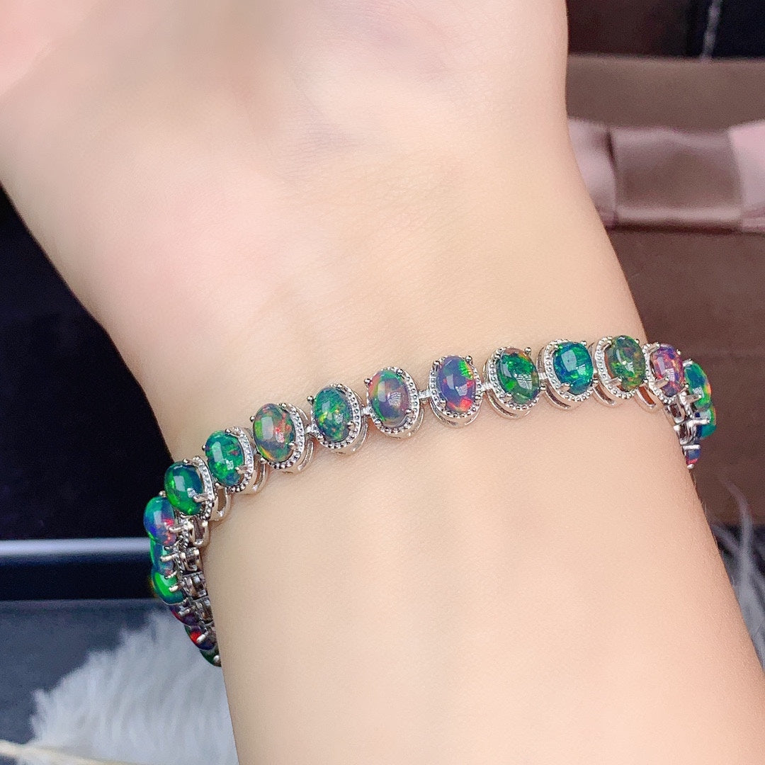 Natural Opal Tennis Bracelet 925 Sterling Silver - 4×6mm Oval Opal Bracelet