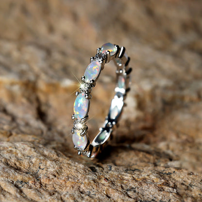 Oval Opal Eternity Ring in 925 Sterling Silver | Platinum and Champagne Gold Opal Ring | Gift for Her