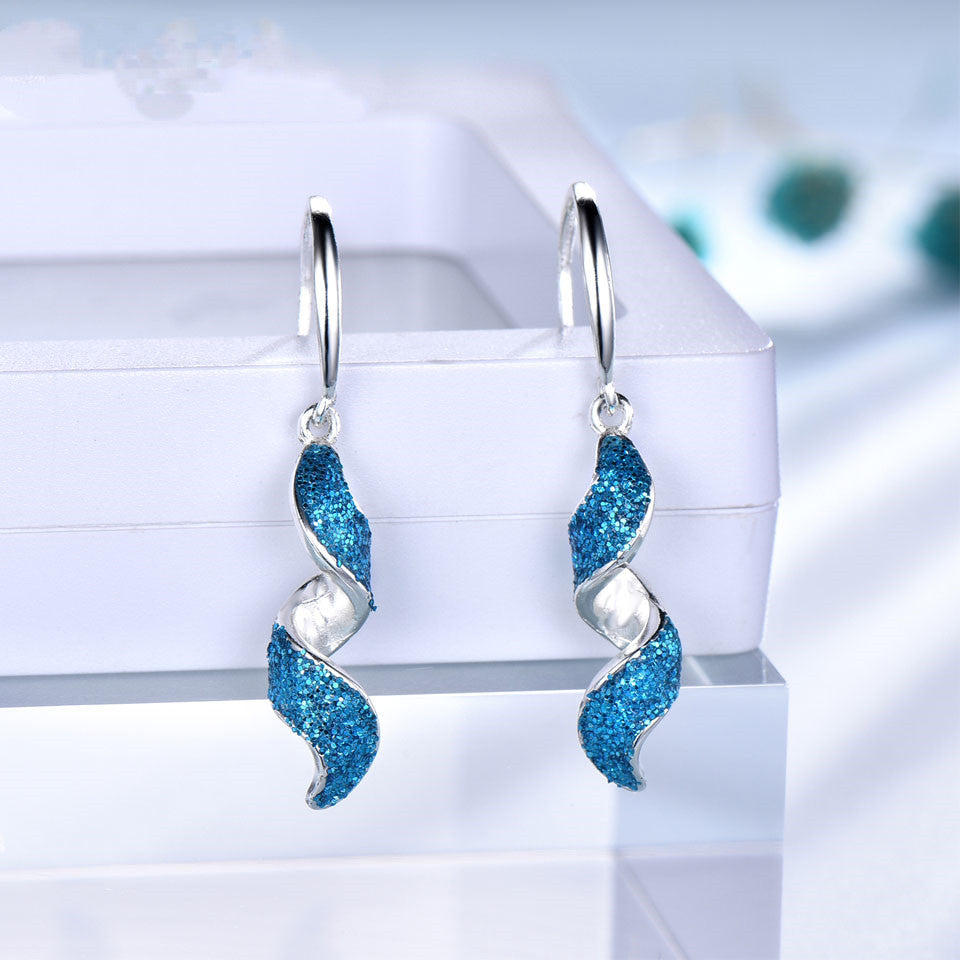 Silver Sea Blue Spiral Drop Earrings