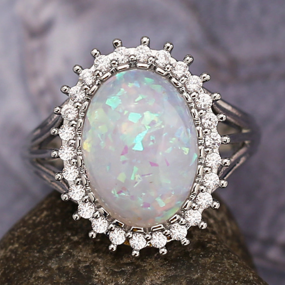 Large Oval Opal Halo Statement Ring in Sterling Silver | Bold Opal Halo Ring | October Birthstone Gift for Her