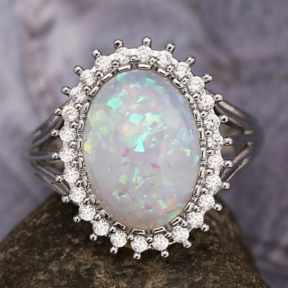 Large Oval Opal Halo Statement Ring in Sterling Silver | Bold Opal Halo Ring | October Birthstone Gift for Her