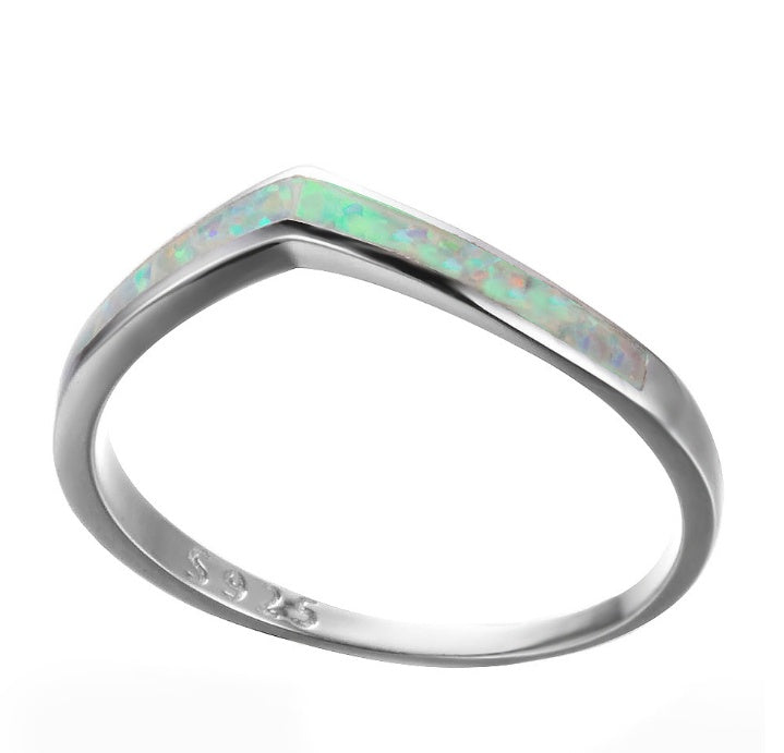 Chevron Blue Fire Opal Ring in 925 Sterling Silver | V Shape Stackable Opal Band | October Birthstone Gift for Her