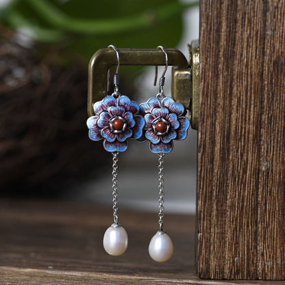 Sterling Silver Flower Drop Earrings with Pearl
