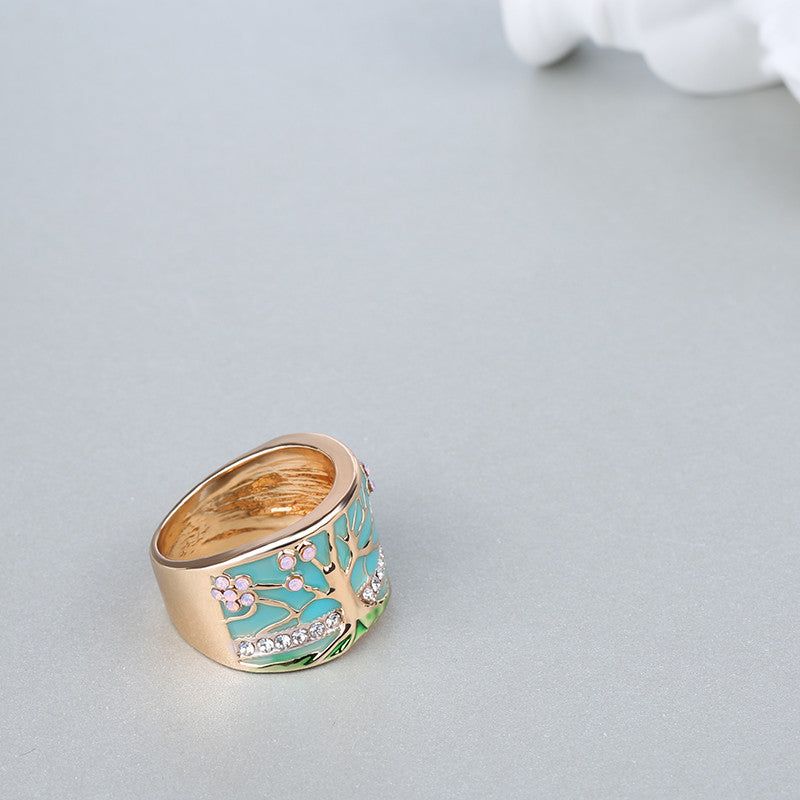 Tree of Life Turquoise Enamel Wide Band Ring in Sterling Silver | Nature Inspired Ring | Gift for Her