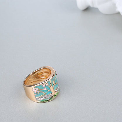 Tree of Life Turquoise Enamel Wide Band Ring in Sterling Silver | Nature Inspired Ring | Gift for Her