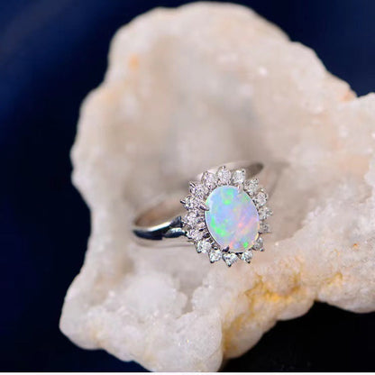 Oval Opal Halo Ring in 925 Sterling Silver White Gold | October Birthstone Engagement Gift for Her