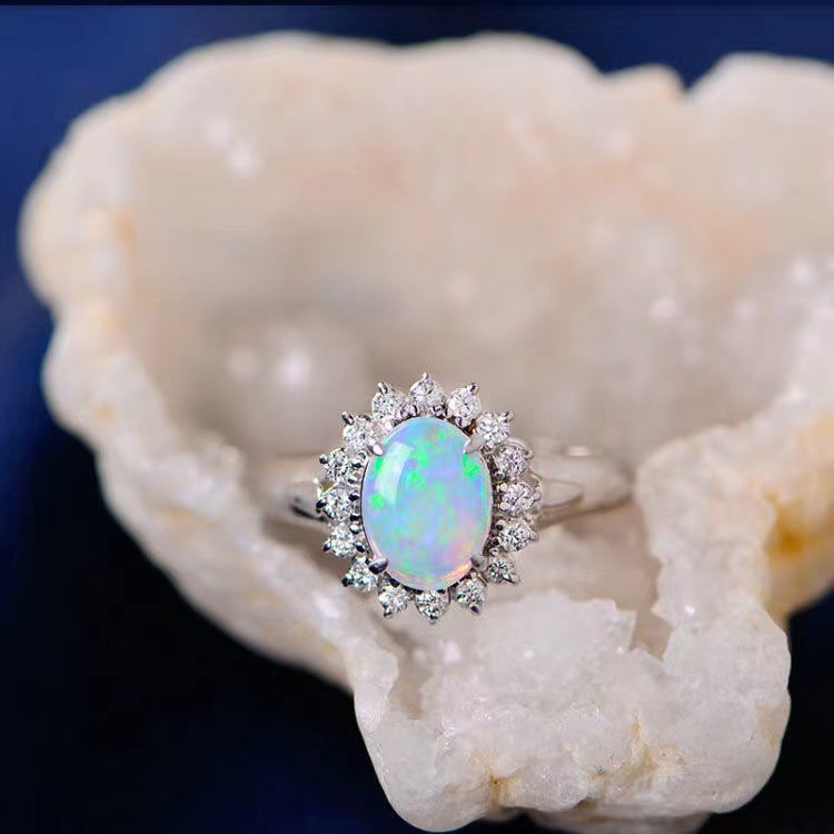Oval Opal Halo Ring in 925 Sterling Silver White Gold | October Birthstone Engagement Gift for Her