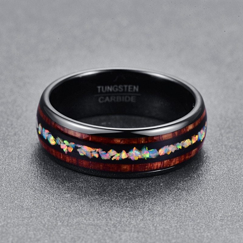 Black Acacia Wood and Opal Tungsten Ring | Natural Wood Inlay Wedding Band | Anniversary Gift for Him and Her