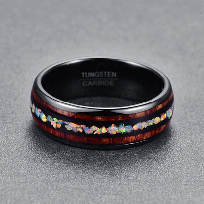 Black Acacia Wood and Opal Tungsten Ring | Natural Wood Inlay Wedding Band | Anniversary Gift for Him and Her