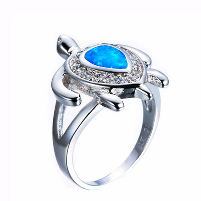 White Fire Opal Turtle Ring in Sterling Silver | Ocean Turtle Opal Ring | October Birthstone Gift for Her