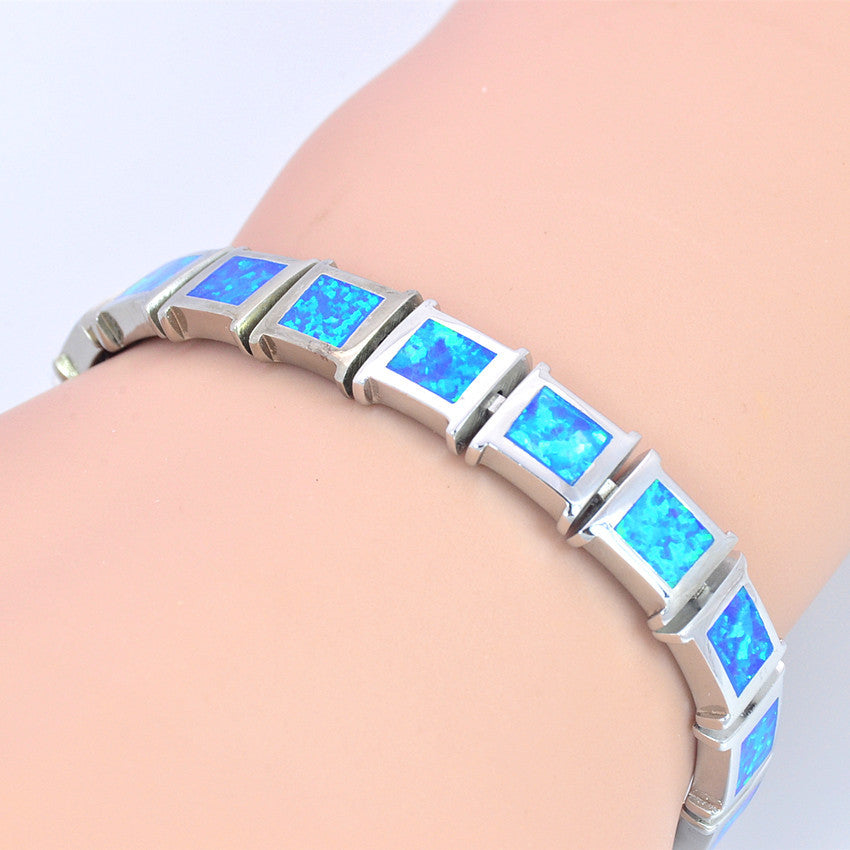 Square Cut Blue Opal Sterling Silver Bracelet