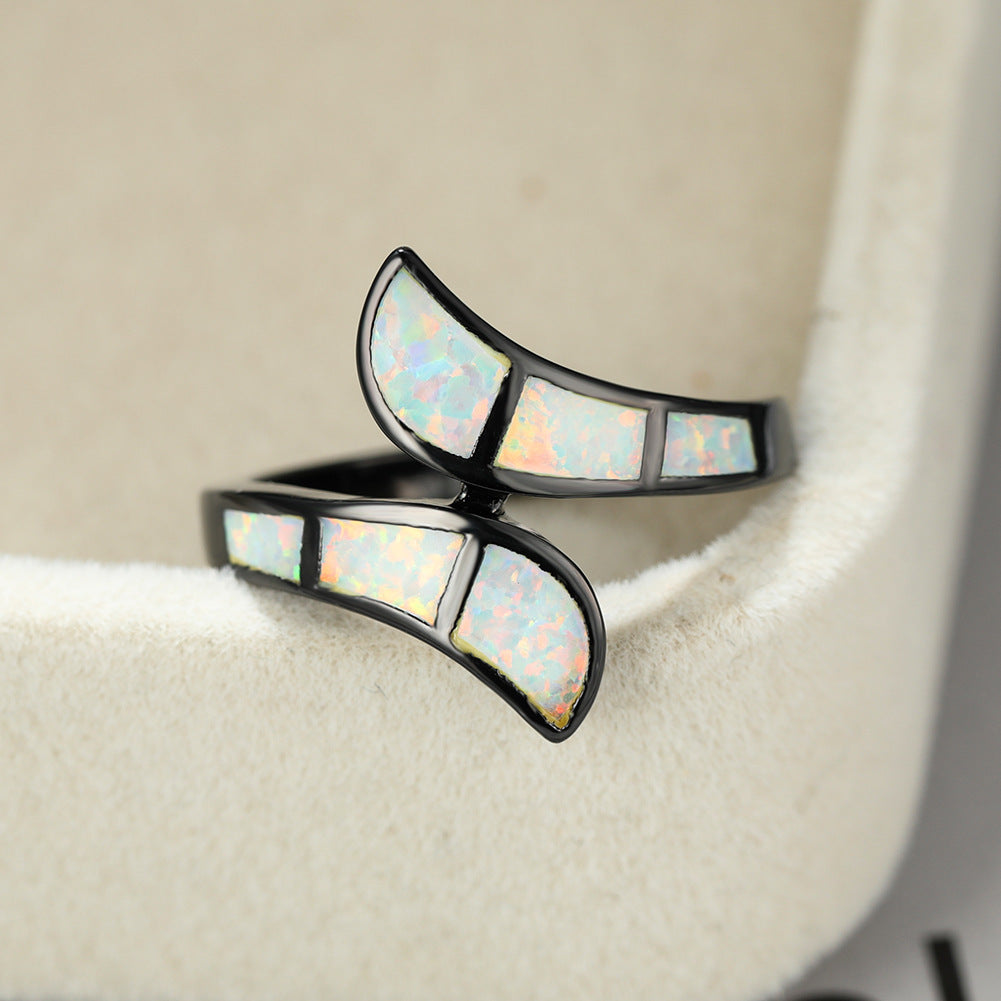 Black Gold Opal Ring | Blue and White Opal Inlay Statement Ring in Silver | October Birthstone Gift for Her