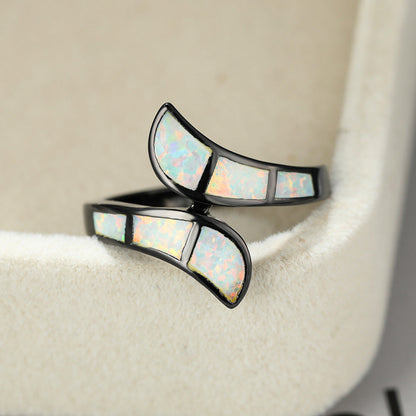 Black Gold Opal Ring | Blue and White Opal Inlay Statement Ring in Silver | October Birthstone Gift for Her