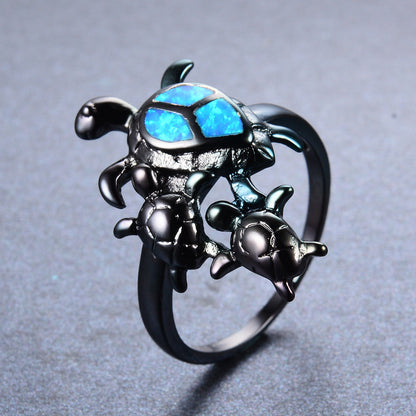 Blue Fire Opal Turtle Ring in Sterling Silver | Ocean Turtle Opal Ring | October Birthstone Gift for Her