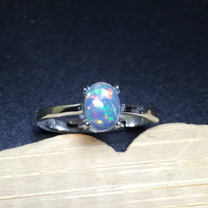 Natural Opal Ring in 925 Sterling Silver | Oval Opal Gemstone Ring | October Birthstone Gift for Her