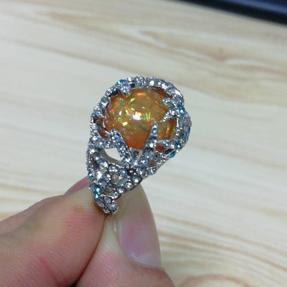 Large Fire Opal Statement Ring in Sterling Silver | Bold Fire Opal Ring | October Birthstone Gift for Her