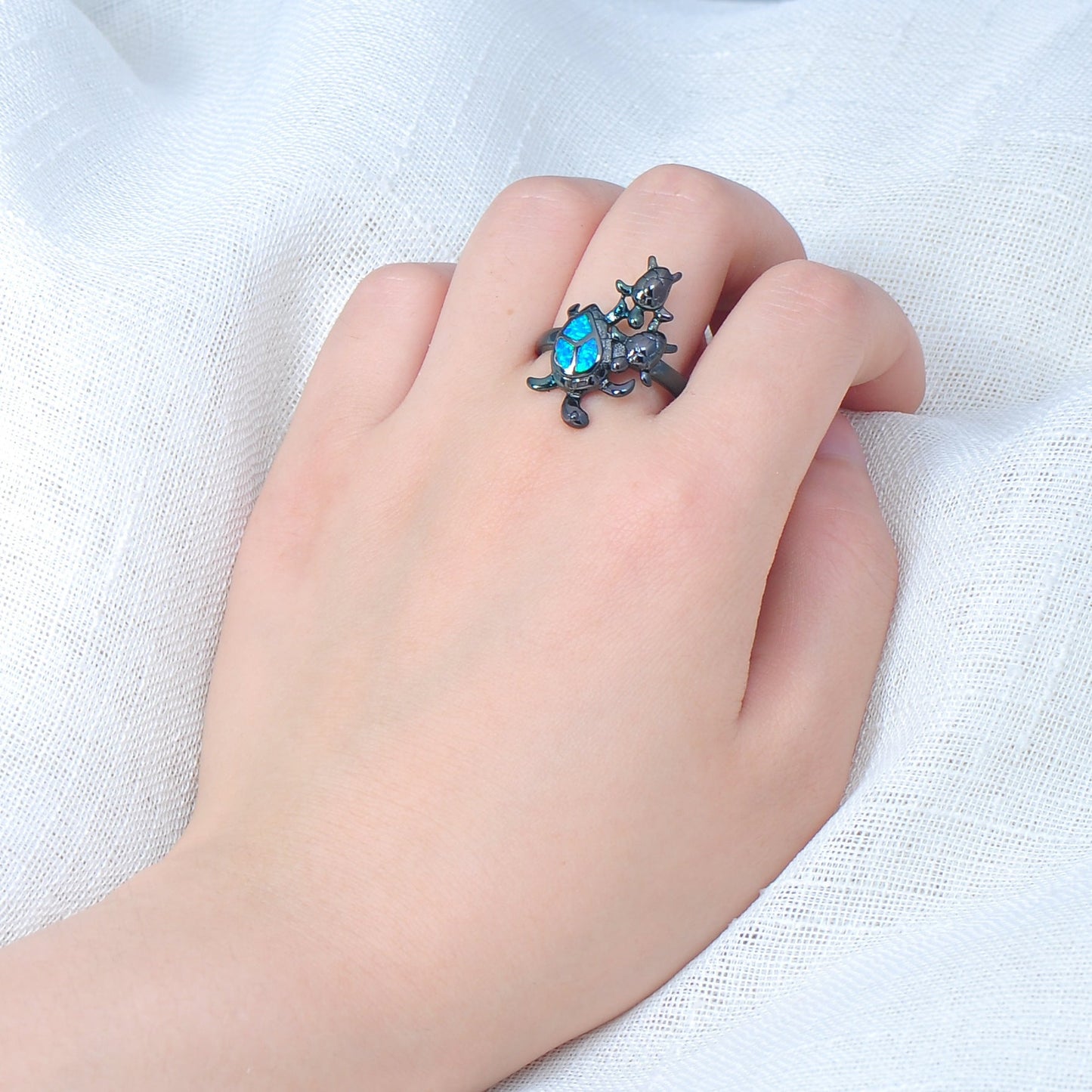 Blue Fire Opal Turtle Ring in Sterling Silver | Ocean Turtle Opal Ring | October Birthstone Gift for Her