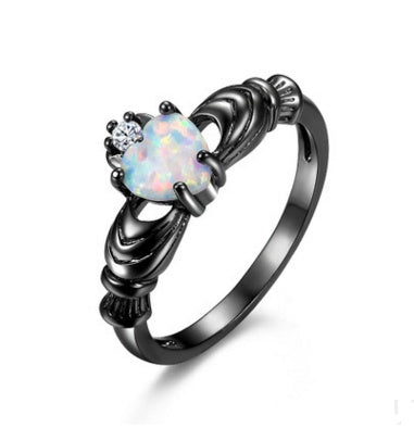 Heart Opal Crown Black Ring | Royal Heart Opal Statement Ring | October Birthstone Gift for Her