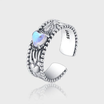 Sterling Silver Heart Gem Ring | Adjustable S925 Ring for Women | Vintage Heart Gemstone Gift for Her