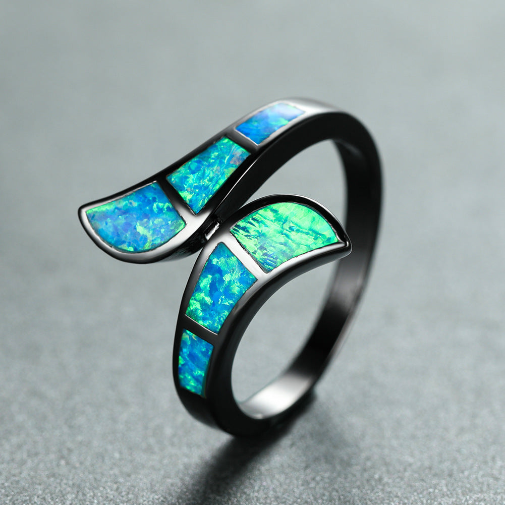 Black Gold Opal Ring | Blue and White Opal Inlay Statement Ring in Silver | October Birthstone Gift for Her
