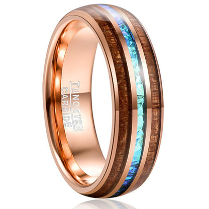 Rose Gold Opal Wedding Band | Tungsten Ring with Blue Opal and Wood Inlay | Anniversary Gift for Her and Him