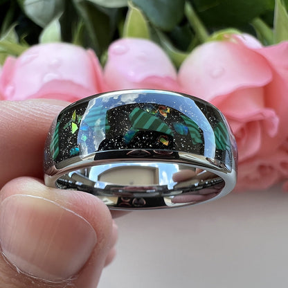 8mm Galaxy Broken Opal Inlay Tungsten Ring | Black Tungsten Wedding Band | Anniversary Gift for Him and Her