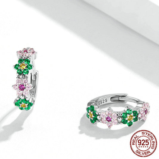 Sterling Silver Flower Hoop Earrings S925, Delicate Floral Zircon Huggie Earrings, White Gold Plated Bridal Jewelry Gift for Her