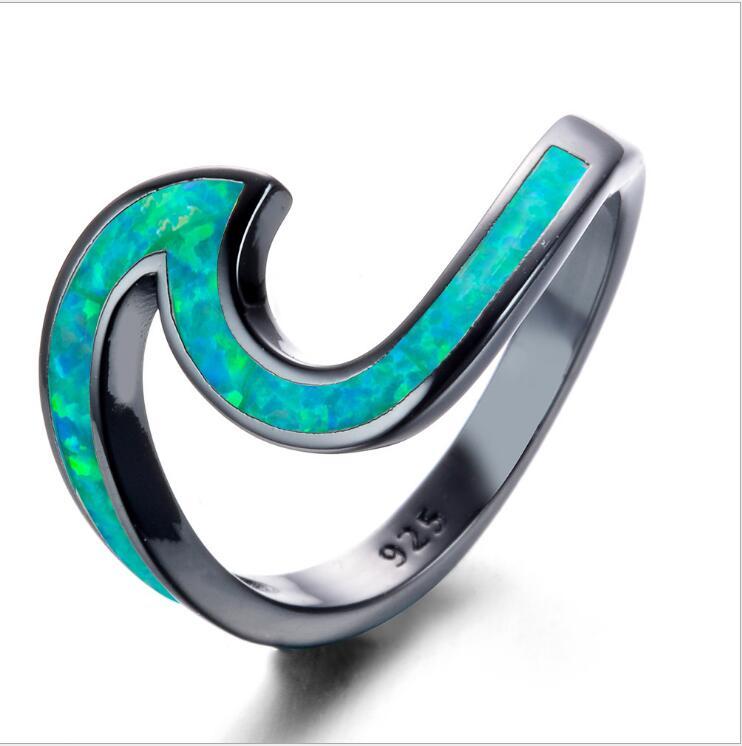 Black Gold Plated White Opal Ocean Wave Ring | Silver Opal Inlay Statement Ring | October Birthstone Gift for Her